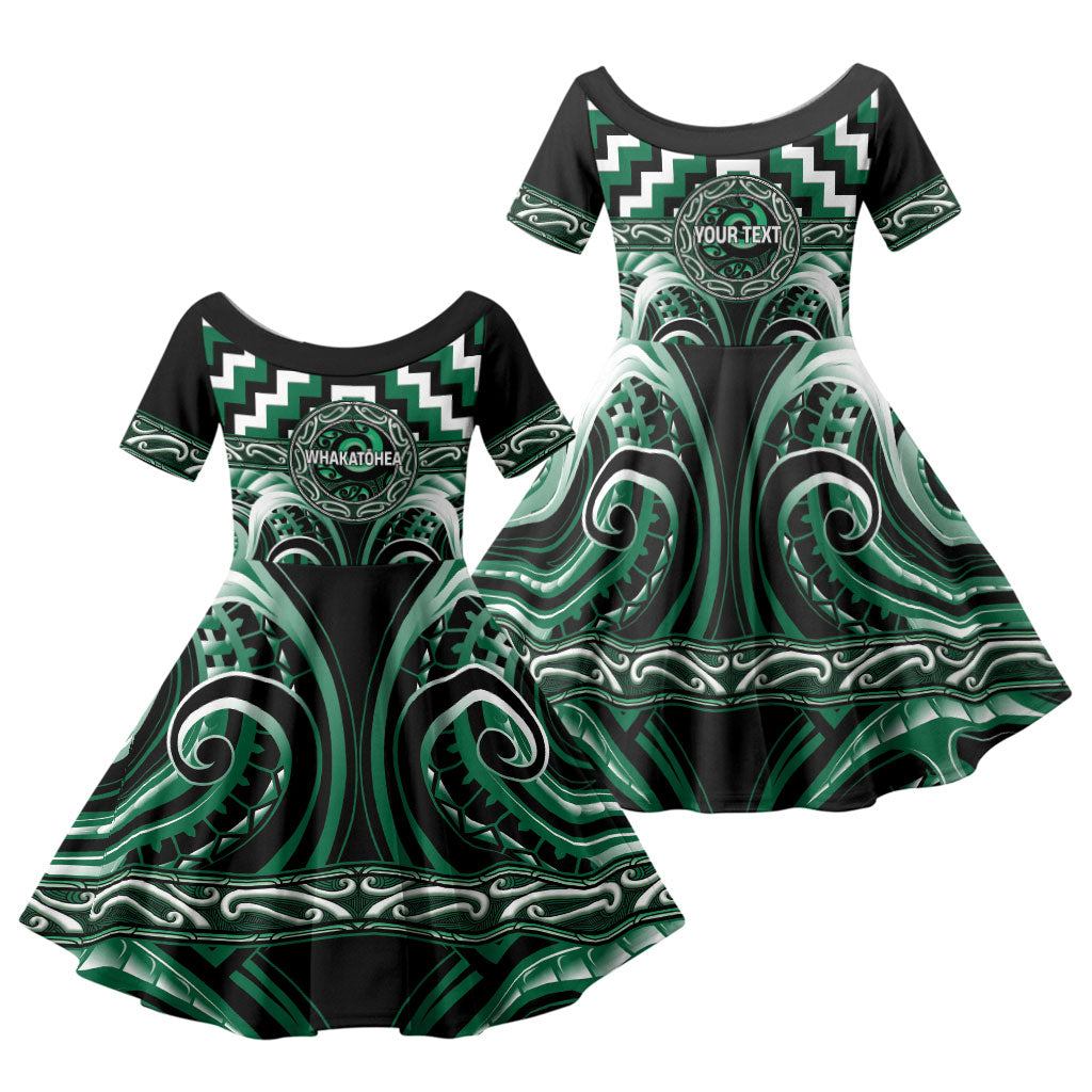 Aotearoa Whakatohea Personalised Family Matching Long Sleeve Bodycon Dress and Hawaiian Shirt Maori Iwi Poutama Puhoro Tattoo LT14 Daughter's Dress Green - Polynesian Pride