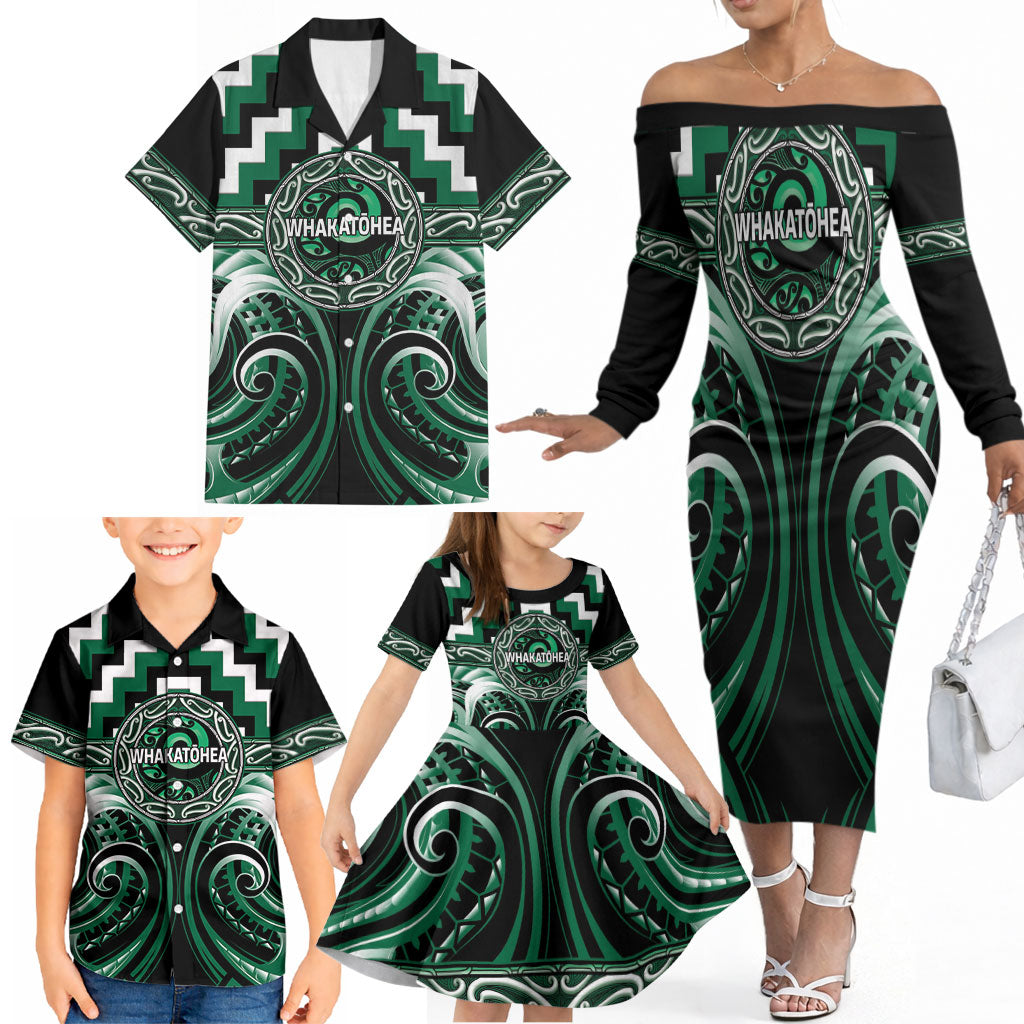 Aotearoa Whakatohea Personalised Family Matching Off The Shoulder Long Sleeve Dress and Hawaiian Shirt Maori Iwi Poutama Puhoro Tattoo LT14 - Polynesian Pride