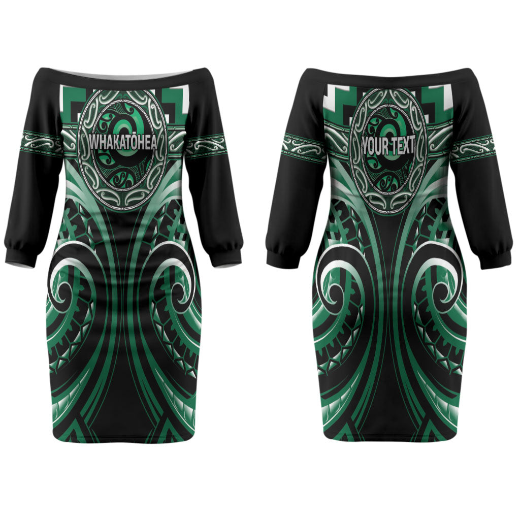 Aotearoa Whakatohea Personalised Family Matching Off The Shoulder Long Sleeve Dress and Hawaiian Shirt Maori Iwi Poutama Puhoro Tattoo LT14 Mom's Dress Green - Polynesian Pride