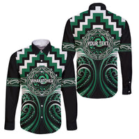 Aotearoa Whakatohea Personalised Family Matching Off The Shoulder Long Sleeve Dress and Hawaiian Shirt Maori Iwi Poutama Puhoro Tattoo LT14 Dad's Shirt - Long Sleeve Green - Polynesian Pride