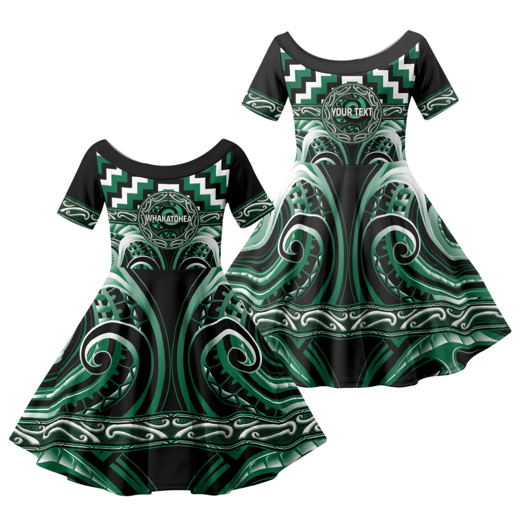 Aotearoa Whakatohea Personalised Family Matching Off Shoulder Maxi Dress and Hawaiian Shirt Maori Iwi Poutama Puhoro Tattoo LT14 Daughter's Dress Green - Polynesian Pride