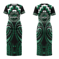 Aotearoa Whakatohea Personalised Family Matching Short Sleeve Bodycon Dress and Hawaiian Shirt Maori Iwi Poutama Puhoro Tattoo LT14 Mom's Dress Green - Polynesian Pride