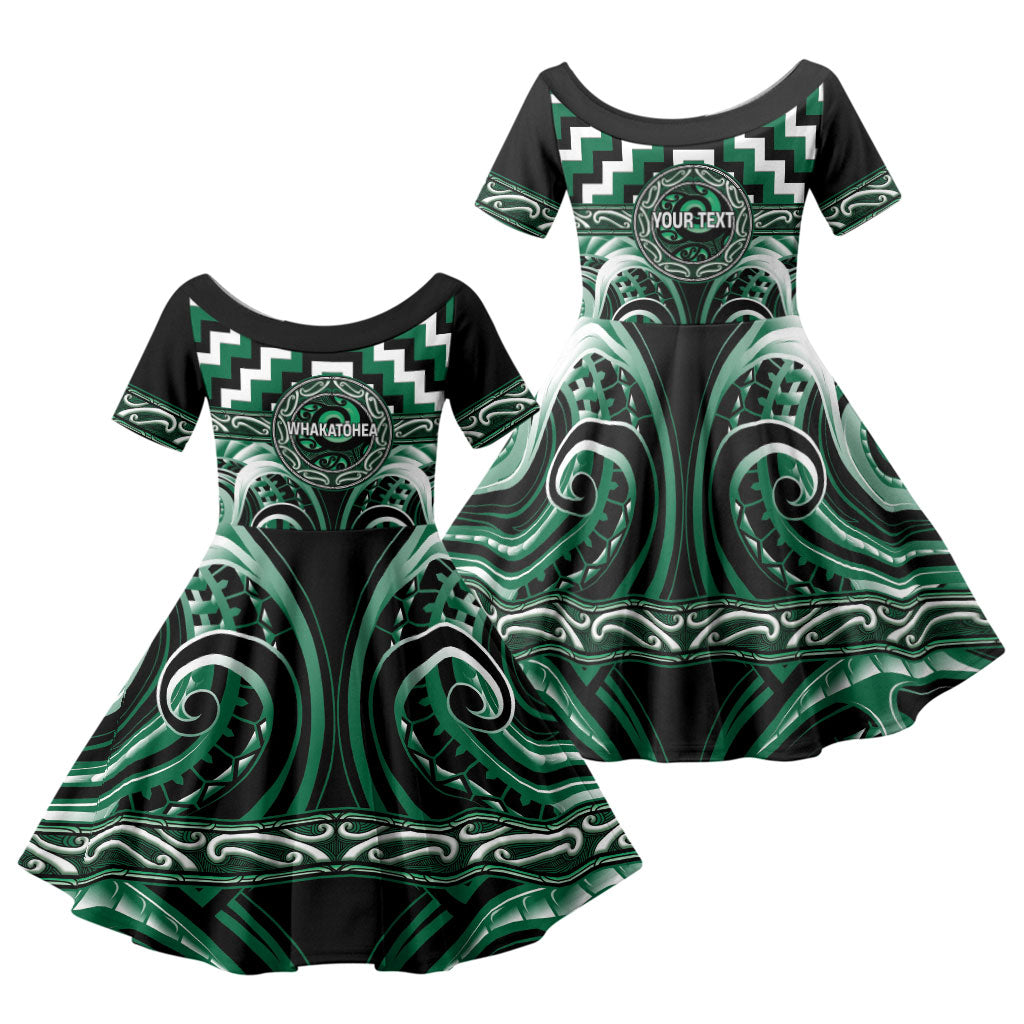 Aotearoa Whakatohea Personalised Family Matching Summer Maxi Dress and Hawaiian Shirt Maori Iwi Poutama Puhoro Tattoo LT14 Daughter's Dress Green - Polynesian Pride