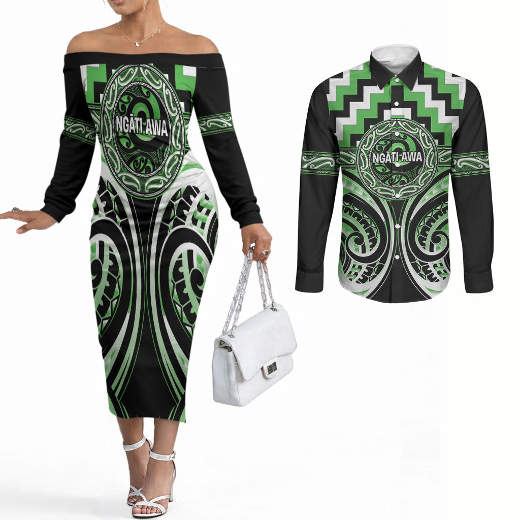 Aotearoa Ngati Awa Personalised Couples Matching Off The Shoulder Long Sleeve Dress and Long Sleeve Button Shirt Maori Iwi Poutama Puhoro Tattoo LT14 Green - Polynesian Pride