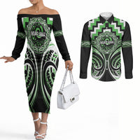 Aotearoa Ngati Awa Personalised Couples Matching Off The Shoulder Long Sleeve Dress and Long Sleeve Button Shirt Maori Iwi Poutama Puhoro Tattoo LT14 Green - Polynesian Pride