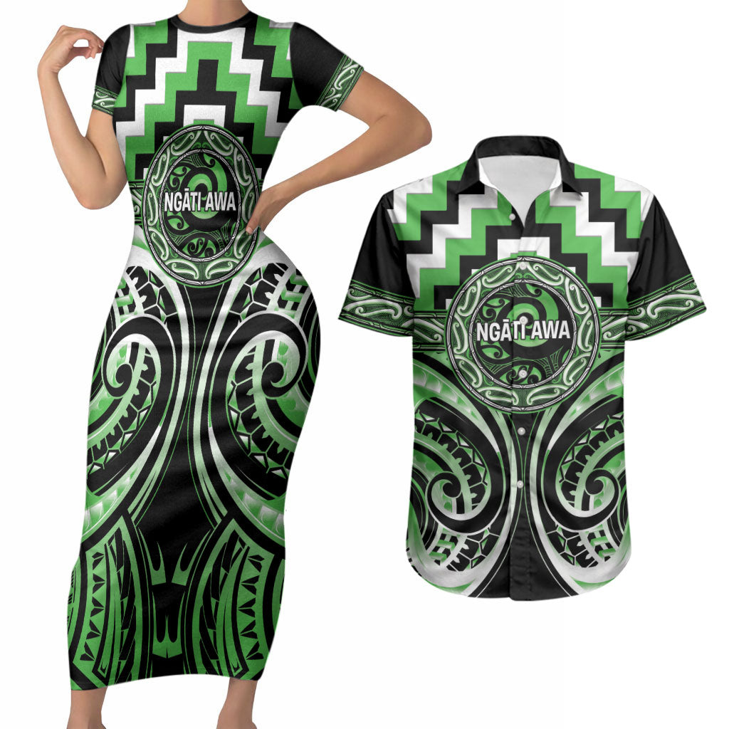 Aotearoa Ngati Awa Personalised Couples Matching Short Sleeve Bodycon Dress and Hawaiian Shirt Maori Iwi Poutama Puhoro Tattoo LT14 Green - Polynesian Pride