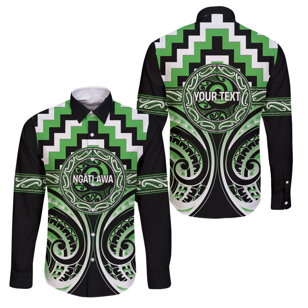 Aotearoa Ngati Awa Personalised Family Matching Off Shoulder Maxi Dress and Hawaiian Shirt Maori Iwi Poutama Puhoro Tattoo LT14 Dad's Shirt - Long Sleeve Green - Polynesian Pride