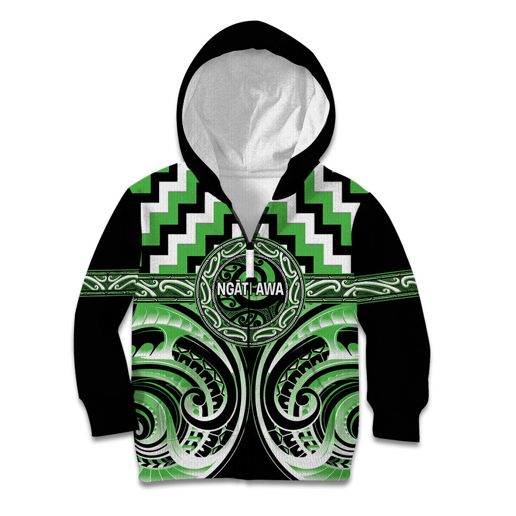 Aotearoa Ngati Awa Personalised Kid Hoodie Maori Iwi Poutama Puhoro Tattoo LT14 Zip Hoodie Green - Polynesian Pride