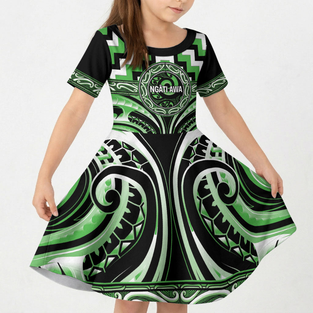 Aotearoa Ngati Awa Personalised Kid Short Sleeve Dress Maori Iwi Poutama Puhoro Tattoo