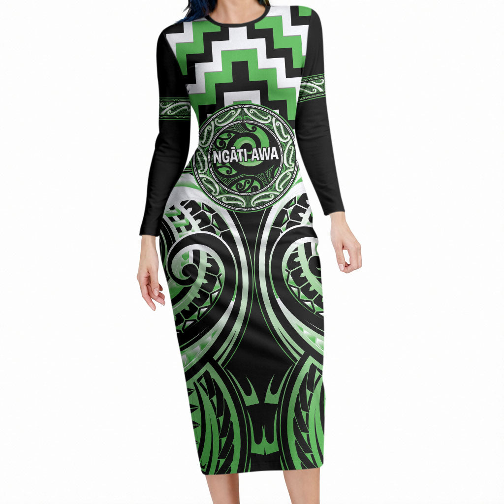 Aotearoa Ngati Awa Personalised Long Sleeve Bodycon Dress Maori Iwi Poutama Puhoro Tattoo LT14 Long Dress Green - Polynesian Pride