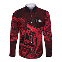 French Polynesia Tahiti Long Sleeve Button Shirt Polynesian Shark Tattoo With Hibiscus Red Version LT14 Unisex Red - Polynesian Pride