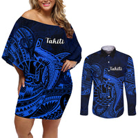 French Polynesia Tahiti Couples Matching Off Shoulder Short Dress and Long Sleeve Button Shirts Polynesian Shark Tattoo With Hibiscus Blue Version LT14 Blue - Polynesian Pride
