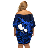 French Polynesia Tahiti Off Shoulder Short Dress Polynesian Shark Tattoo With Hibiscus Blue Version LT14 - Polynesian Pride