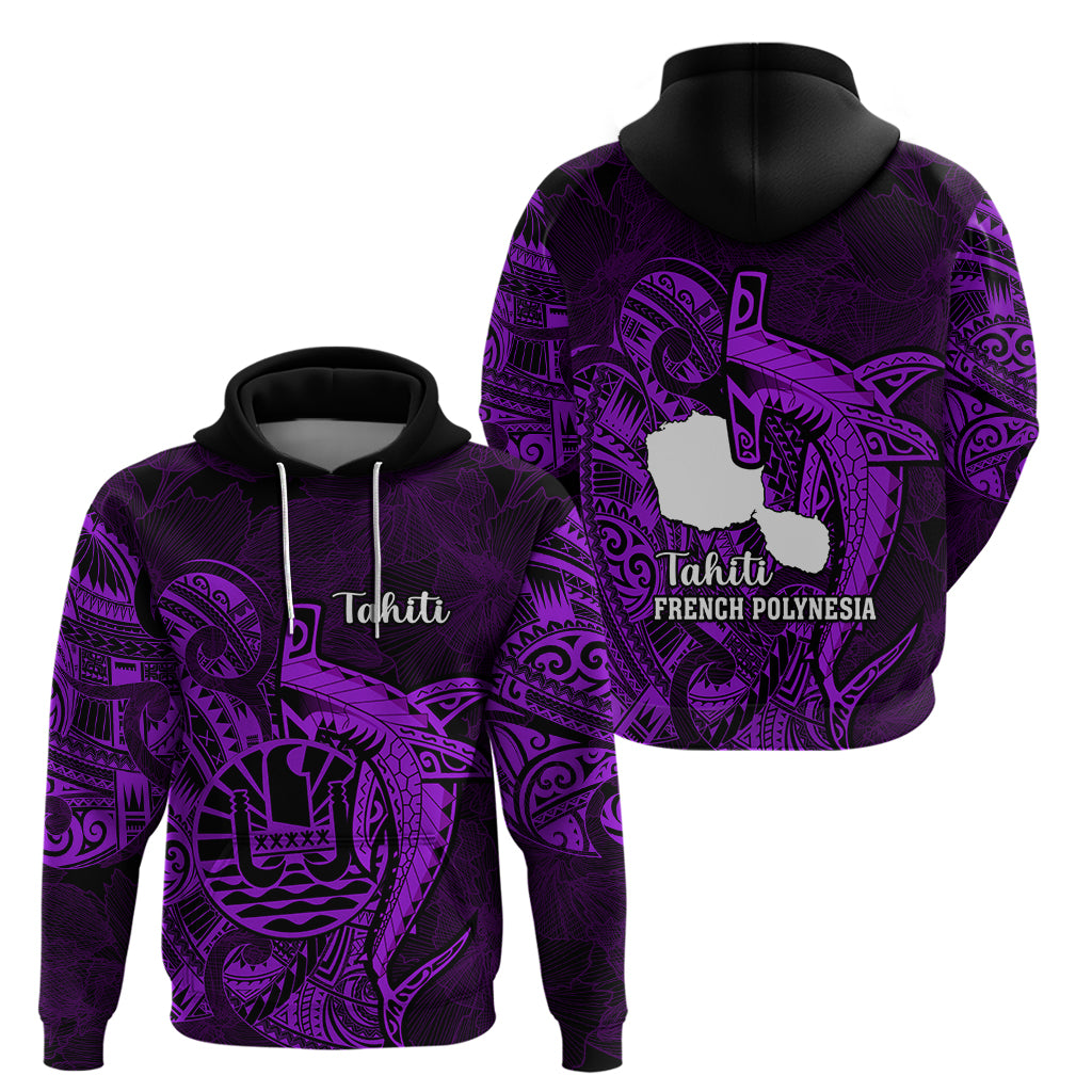 French Polynesia Tahiti Hoodie Polynesian Shark Tattoo With Hibiscus Purple Version LT14 - Polynesian Pride