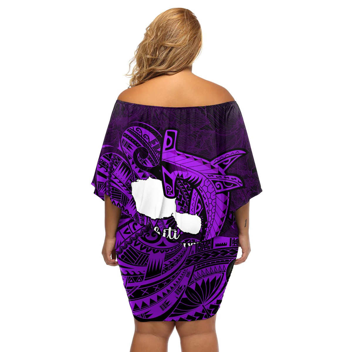 French Polynesia Tahiti Off Shoulder Short Dress Polynesian Shark Tattoo With Hibiscus Purple Version LT14 - Polynesian Pride