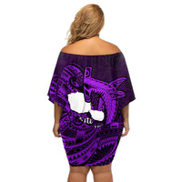 French Polynesia Tahiti Off Shoulder Short Dress Polynesian Shark Tattoo With Hibiscus Purple Version LT14 - Polynesian Pride