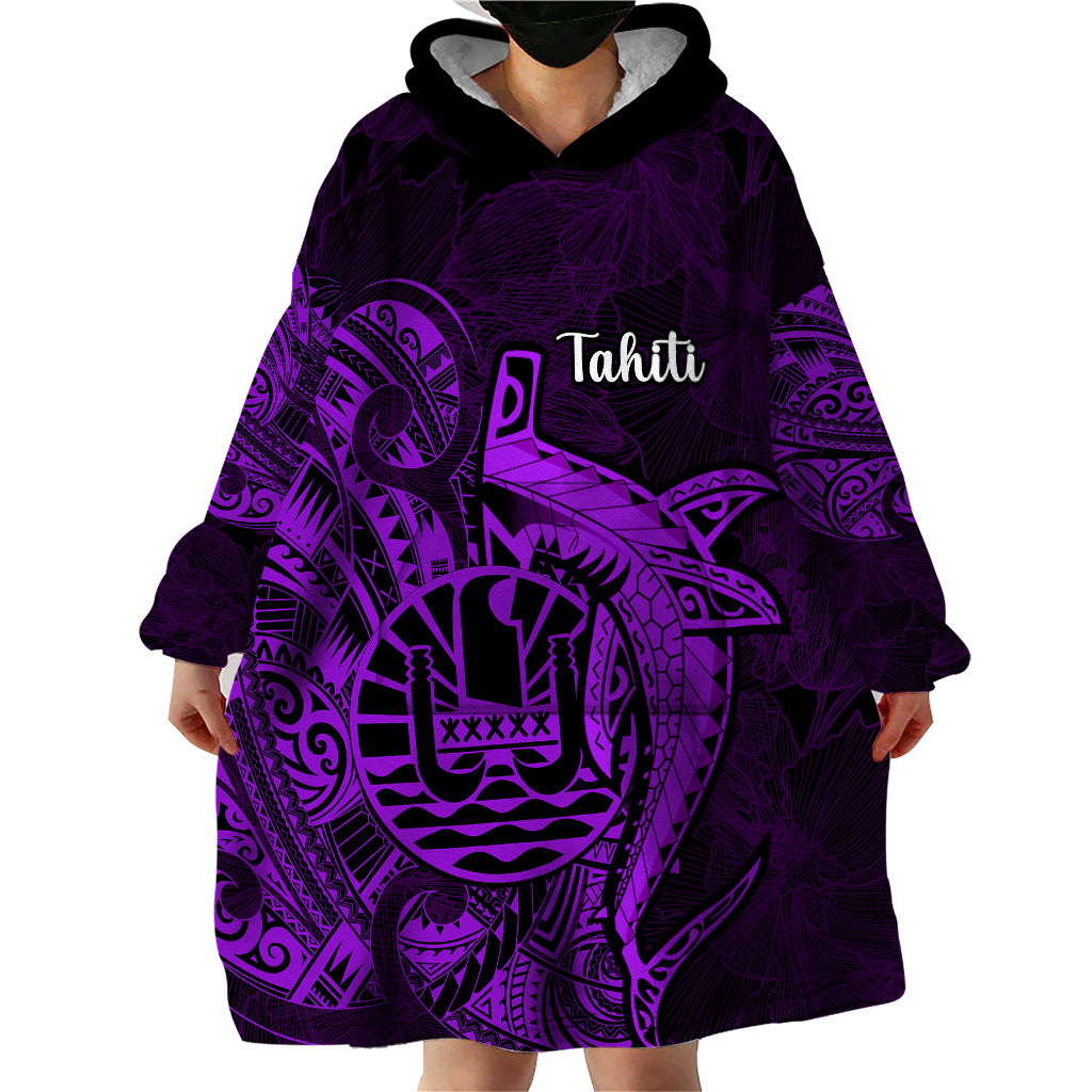 French Polynesia Tahiti Wearable Blanket Hoodie Polynesian Shark Tattoo With Hibiscus Purple Version LT14 - Polynesian Pride