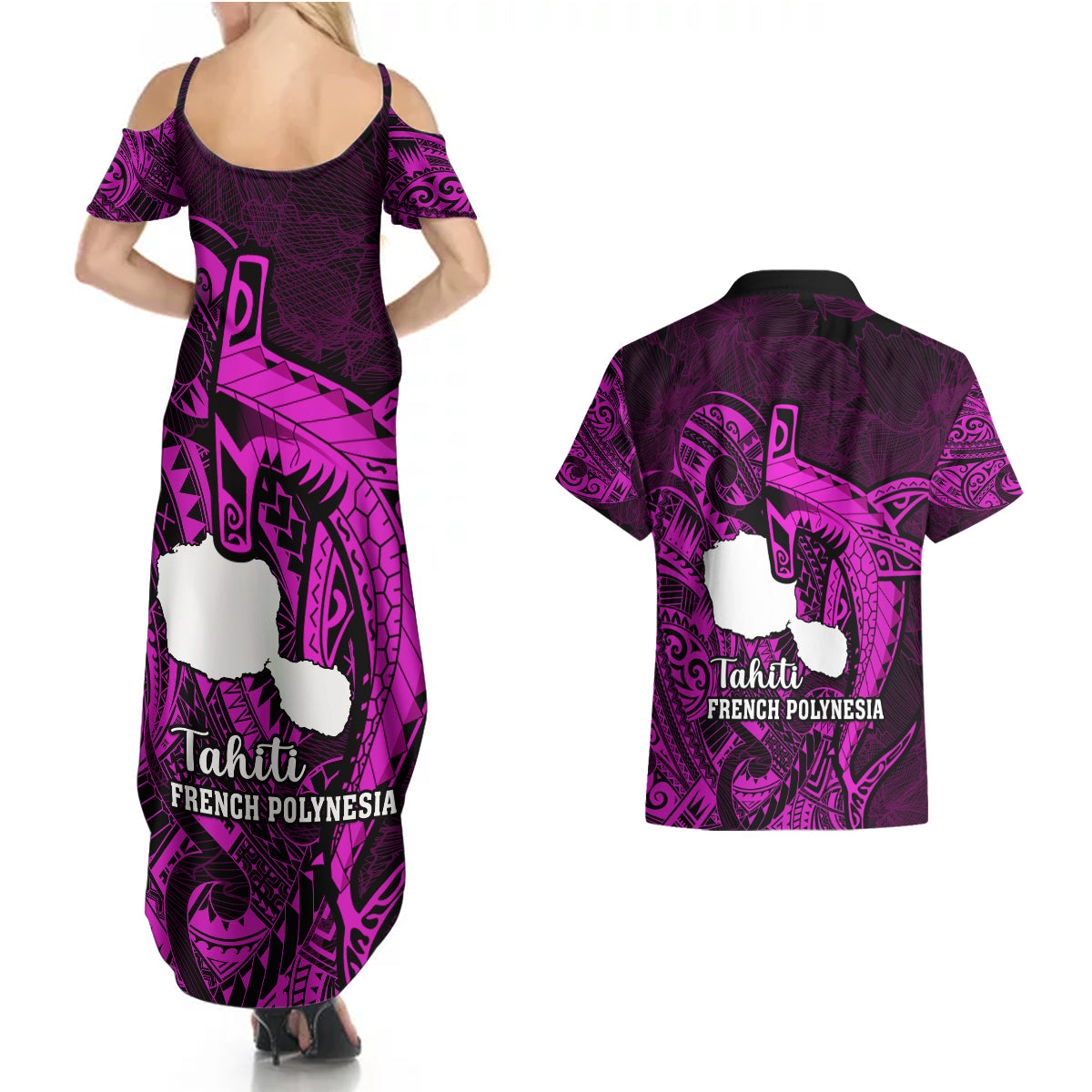 French Polynesia Tahiti Couples Matching Summer Maxi Dress and Hawaiian Shirt Polynesian Shark Tattoo With Hibiscus Pink Version LT14 - Polynesian Pride