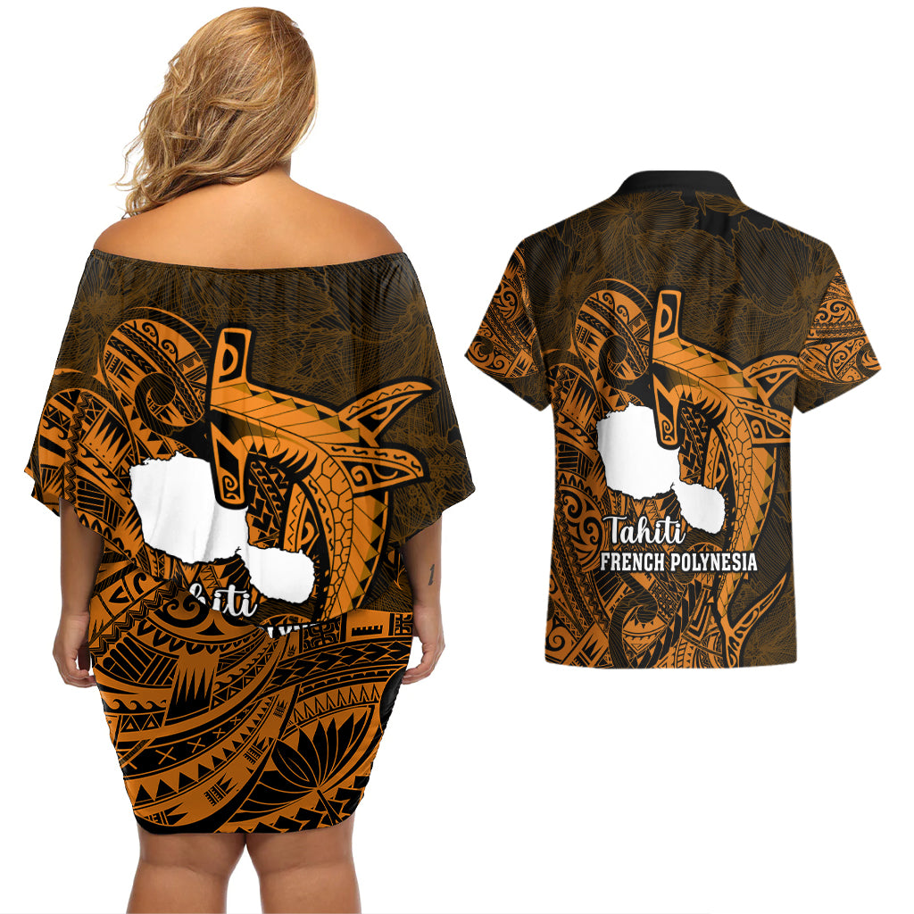 French Polynesia Tahiti Couples Matching Off Shoulder Short Dress and Hawaiian Shirt Polynesian Shark Tattoo With Hibiscus Red Version LT14 - Polynesian Pride