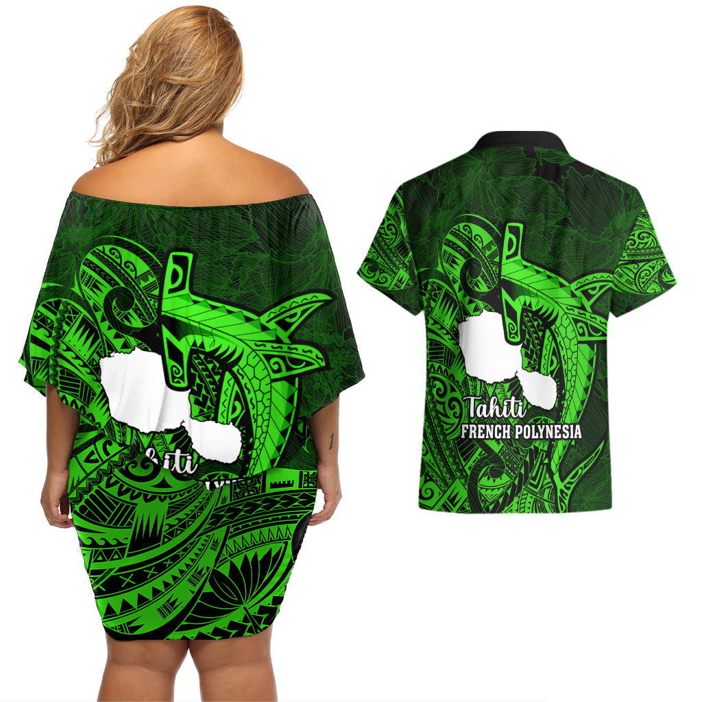 French Polynesia Tahiti Couples Matching Off Shoulder Short Dress and Hawaiian Shirt Polynesian Shark Tattoo With Hibiscus Green Version LT14 - Polynesian Pride