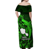 French Polynesia Tahiti Off Shoulder Maxi Dress Polynesian Shark Tattoo With Hibiscus Green Version LT14 - Polynesian Pride