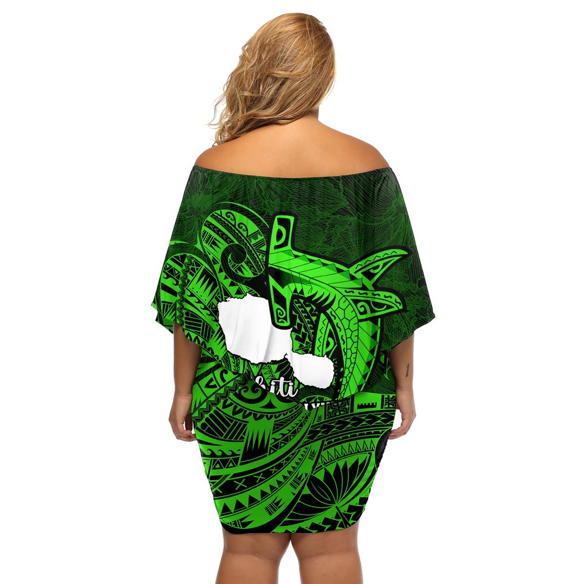French Polynesia Tahiti Off Shoulder Short Dress Polynesian Shark Tattoo With Hibiscus Green Version LT14 - Polynesian Pride