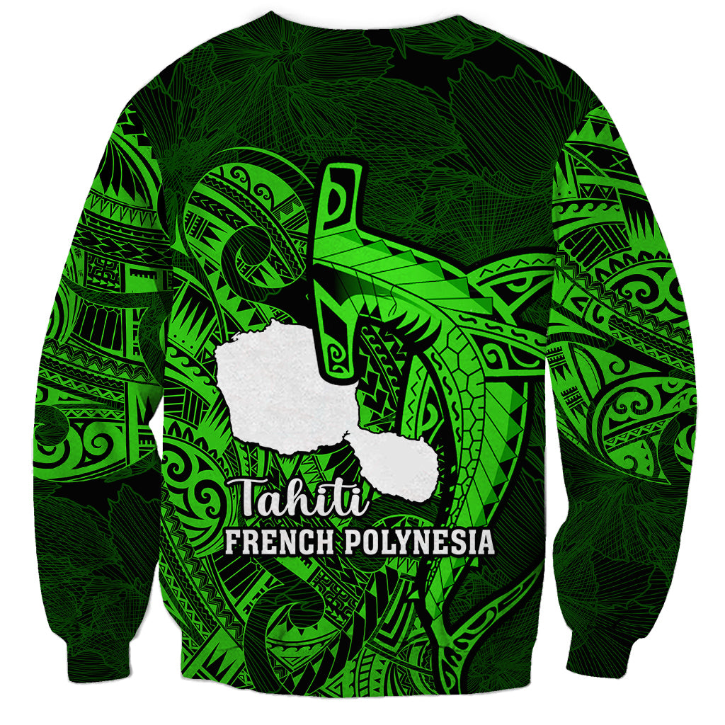 French Polynesia Tahiti Sweatshirt Polynesian Shark Tattoo With Hibiscus Green Version LT14 - Polynesian Pride
