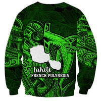 French Polynesia Tahiti Sweatshirt Polynesian Shark Tattoo With Hibiscus Green Version LT14 - Polynesian Pride