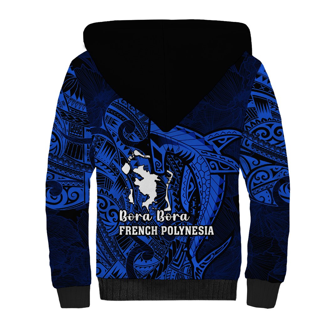 French Polynesia Bora Bora Sherpa Hoodie Polynesian Shark Tattoo With Hibiscus Blue Version LT14 - Polynesian Pride