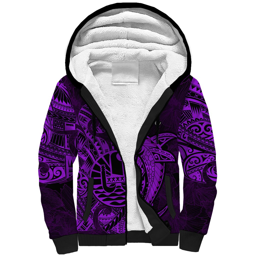 French Polynesia Bora Bora Sherpa Hoodie Polynesian Shark Tattoo With Hibiscus Purple Version LT14 Unisex Purple - Polynesian Pride