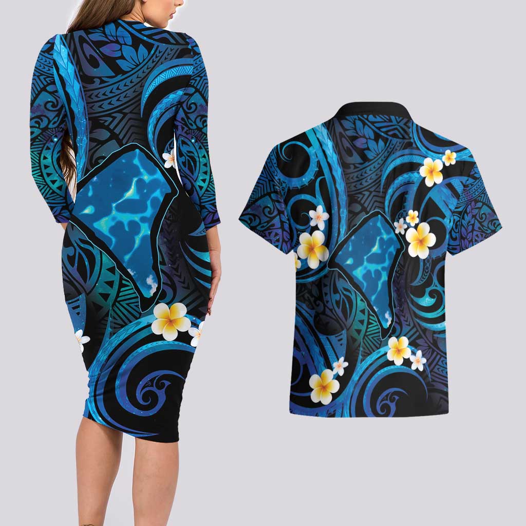 Tokelau Fakaofo Atoll Couples Matching Long Sleeve Bodycon Dress and Hawaiian Shirt Polynesian Tattoo Plumeria With Map LT14 - Polynesian Pride