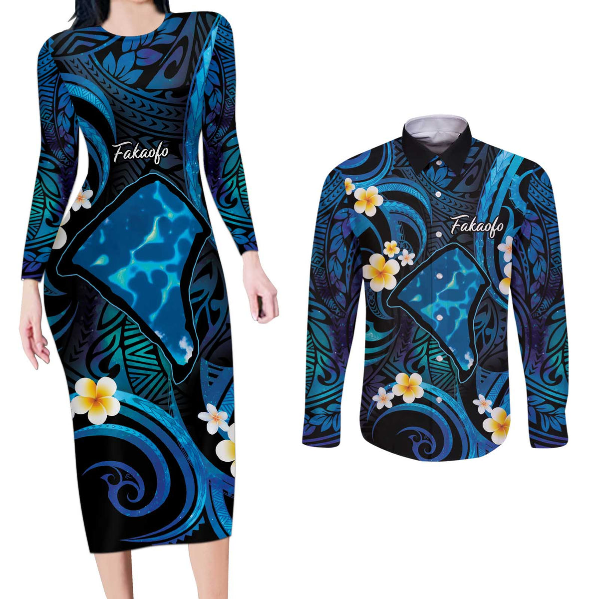 Tokelau Fakaofo Atoll Couples Matching Long Sleeve Bodycon Dress and Long Sleeve Button Shirt Polynesian Tattoo Plumeria With Map LT14 Blue - Polynesian Pride
