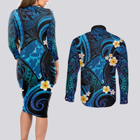 Tokelau Fakaofo Atoll Couples Matching Long Sleeve Bodycon Dress and Long Sleeve Button Shirt Polynesian Tattoo Plumeria With Map LT14 - Polynesian Pride