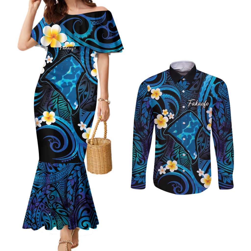 Tokelau Fakaofo Atoll Couples Matching Mermaid Dress and Long Sleeve Button Shirt Polynesian Tattoo Plumeria With Map LT14 Blue - Polynesian Pride