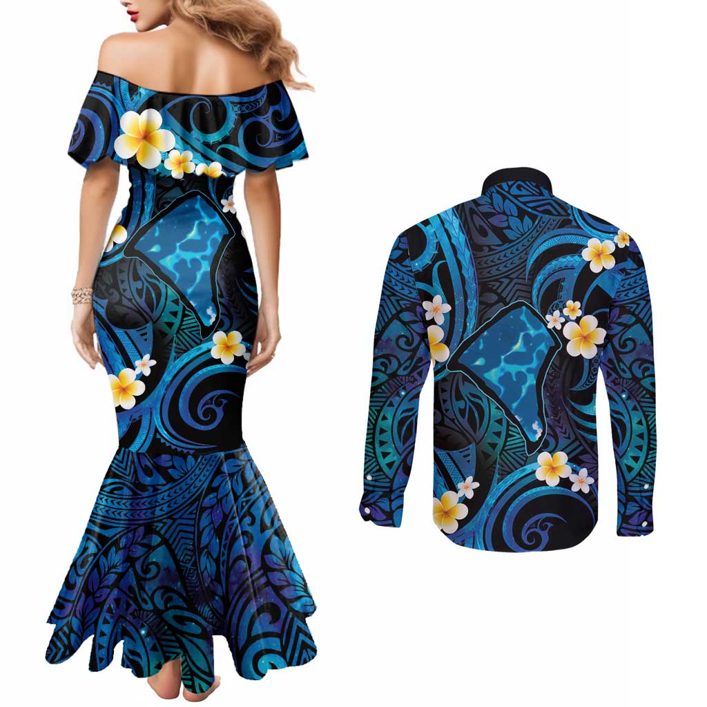 Tokelau Fakaofo Atoll Couples Matching Mermaid Dress and Long Sleeve Button Shirt Polynesian Tattoo Plumeria With Map LT14 - Polynesian Pride