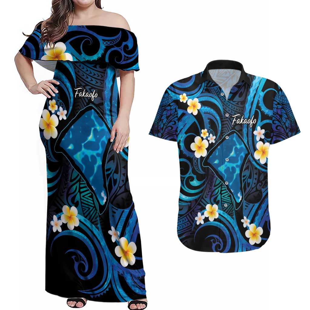 Tokelau Fakaofo Atoll Couples Matching Off Shoulder Maxi Dress and Hawaiian Shirt Polynesian Tattoo Plumeria With Map LT14 Blue - Polynesian Pride