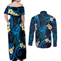 Tokelau Fakaofo Atoll Couples Matching Off Shoulder Maxi Dress and Long Sleeve Button Shirt Polynesian Tattoo Plumeria With Map LT14 - Polynesian Pride