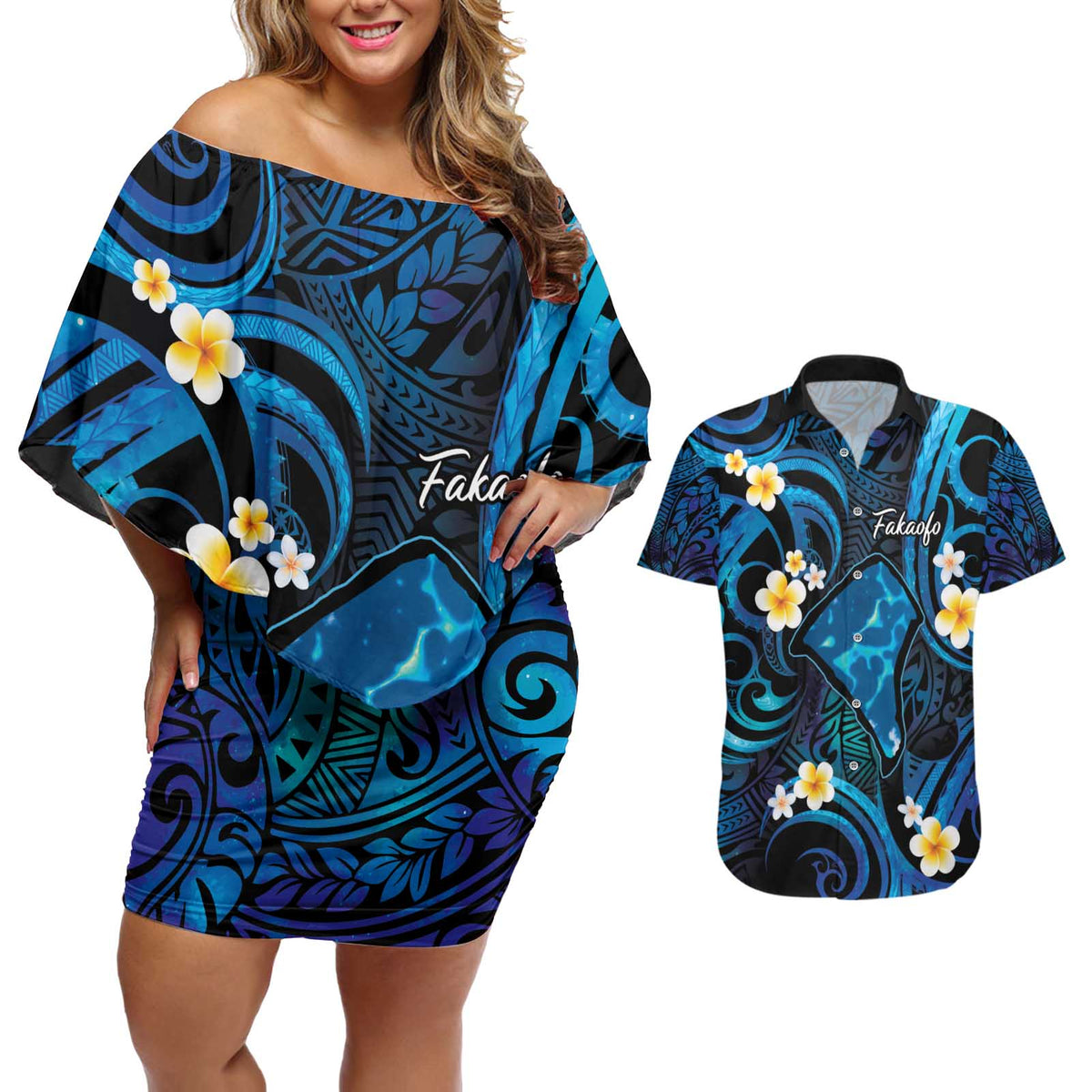 Tokelau Fakaofo Atoll Couples Matching Off Shoulder Short Dress and Hawaiian Shirt Polynesian Tattoo Plumeria With Map LT14 Blue - Polynesian Pride
