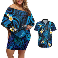 Tokelau Fakaofo Atoll Couples Matching Off Shoulder Short Dress and Hawaiian Shirt Polynesian Tattoo Plumeria With Map LT14 Blue - Polynesian Pride