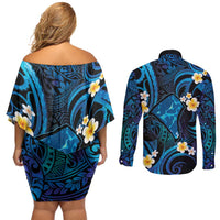 Tokelau Fakaofo Atoll Couples Matching Off Shoulder Short Dress and Long Sleeve Button Shirt Polynesian Tattoo Plumeria With Map LT14 - Polynesian Pride