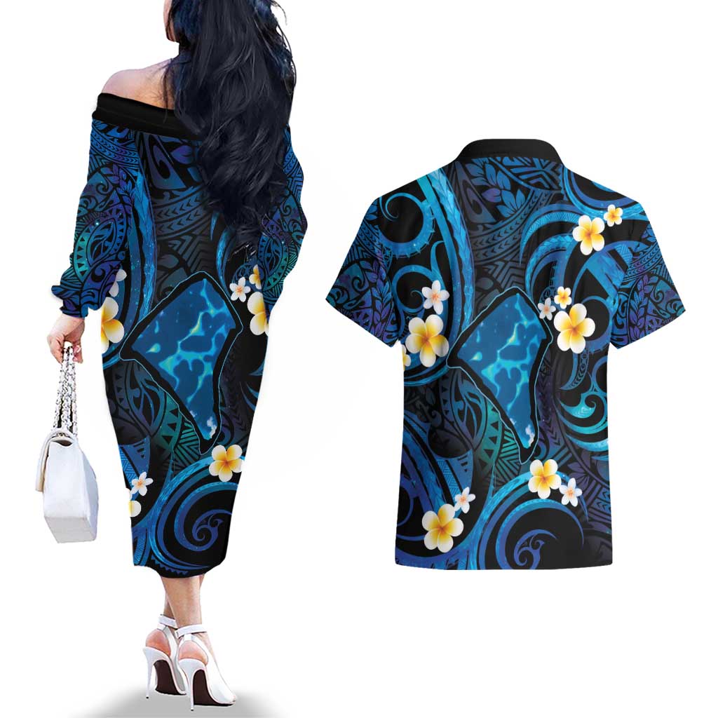 Tokelau Fakaofo Atoll Couples Matching Off The Shoulder Long Sleeve Dress and Hawaiian Shirt Polynesian Tattoo Plumeria With Map LT14 - Polynesian Pride