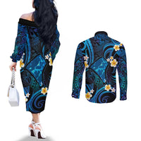 Tokelau Fakaofo Atoll Couples Matching Off The Shoulder Long Sleeve Dress and Long Sleeve Button Shirt Polynesian Tattoo Plumeria With Map LT14 - Polynesian Pride