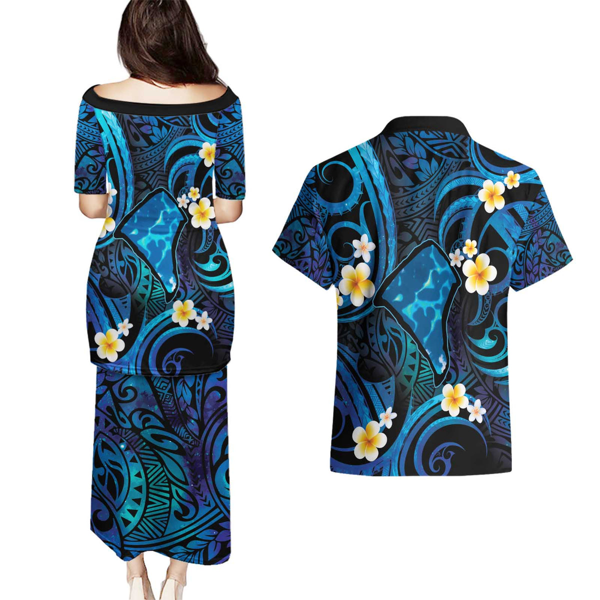 Tokelau Fakaofo Atoll Couples Matching Puletasi and Hawaiian Shirt Polynesian Tattoo Plumeria With Map LT14 - Polynesian Pride