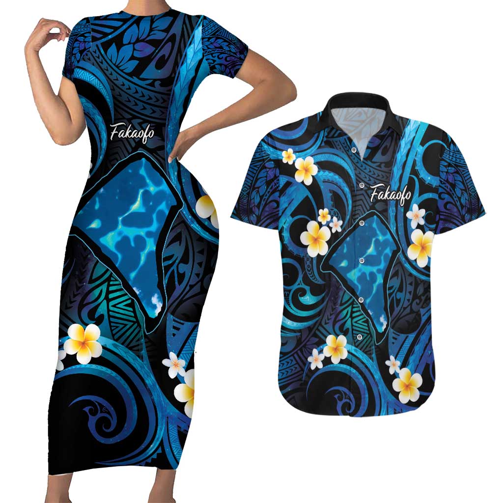 Tokelau Fakaofo Atoll Couples Matching Short Sleeve Bodycon Dress and Hawaiian Shirt Polynesian Tattoo Plumeria With Map LT14 Blue - Polynesian Pride