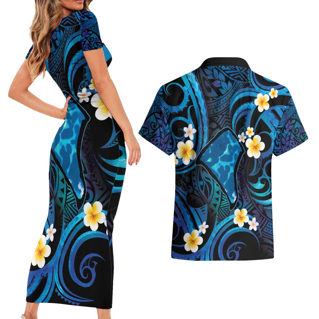 Tokelau Fakaofo Atoll Couples Matching Short Sleeve Bodycon Dress and Hawaiian Shirt Polynesian Tattoo Plumeria With Map LT14 - Polynesian Pride