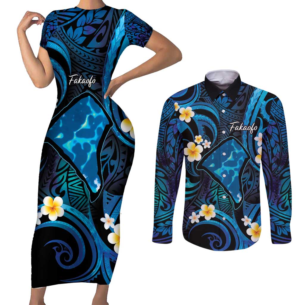 Tokelau Fakaofo Atoll Couples Matching Short Sleeve Bodycon Dress and Long Sleeve Button Shirt Polynesian Tattoo Plumeria With Map LT14 Blue - Polynesian Pride