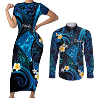 Tokelau Fakaofo Atoll Couples Matching Short Sleeve Bodycon Dress and Long Sleeve Button Shirt Polynesian Tattoo Plumeria With Map LT14 Blue - Polynesian Pride
