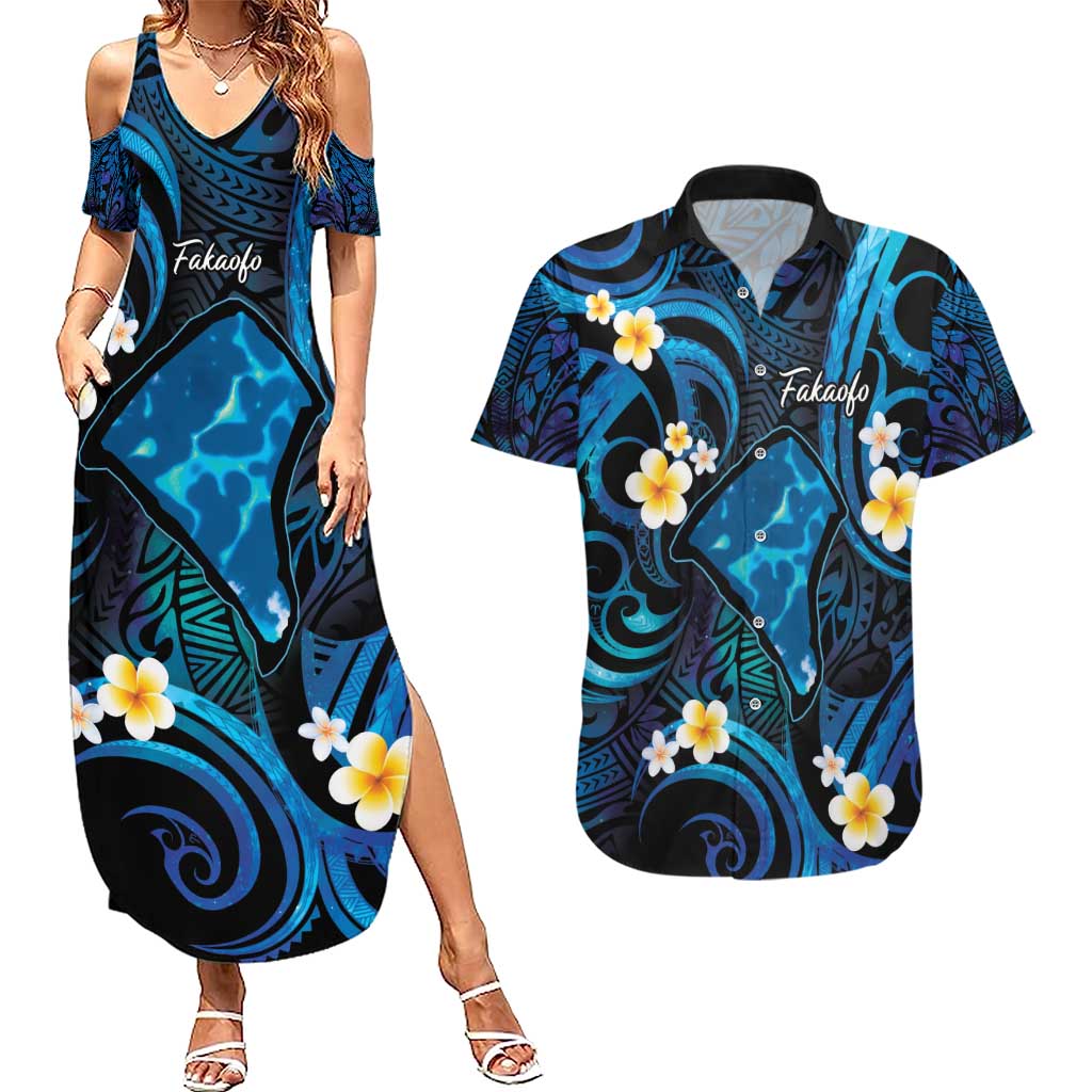 Tokelau Fakaofo Atoll Couples Matching Summer Maxi Dress and Hawaiian Shirt Polynesian Tattoo Plumeria With Map LT14 Blue - Polynesian Pride