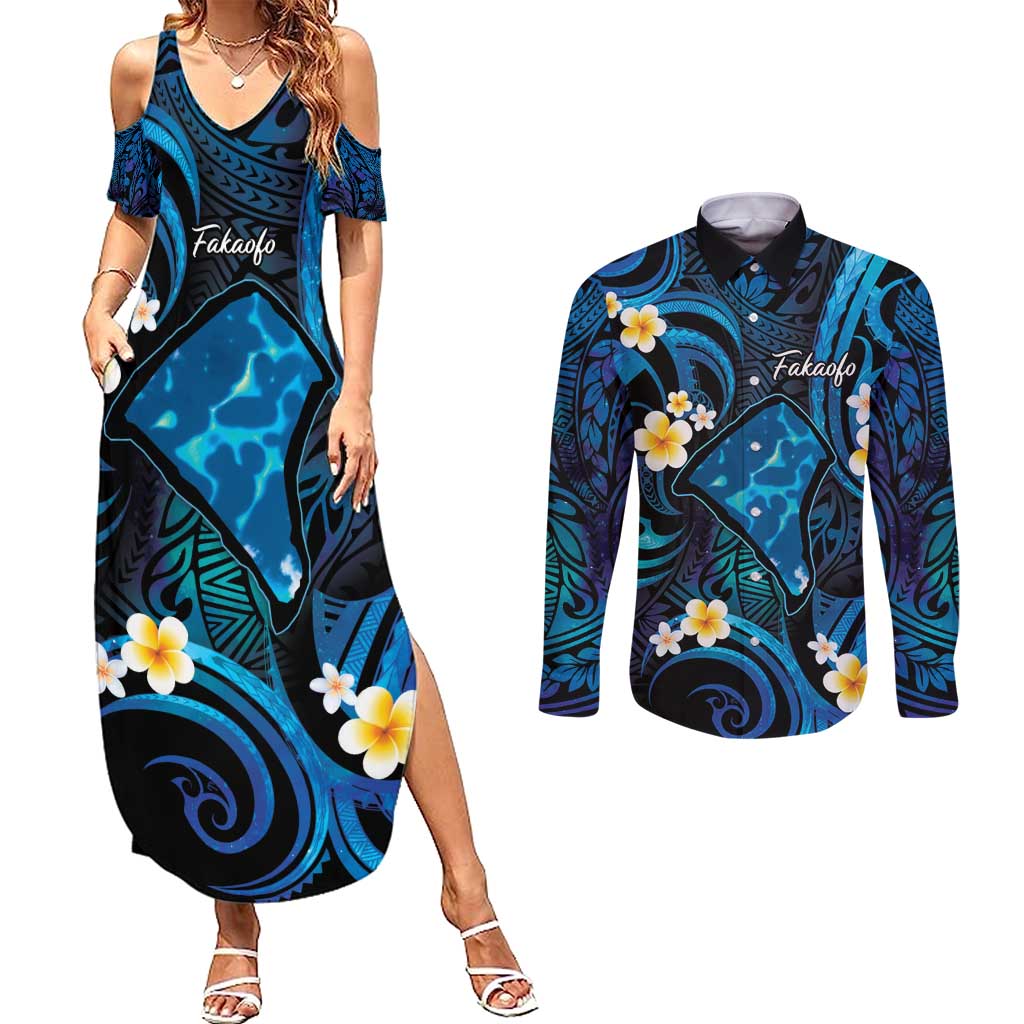 Tokelau Fakaofo Atoll Couples Matching Summer Maxi Dress and Long Sleeve Button Shirt Polynesian Tattoo Plumeria With Map LT14 Blue - Polynesian Pride