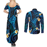 Tokelau Fakaofo Atoll Couples Matching Summer Maxi Dress and Long Sleeve Button Shirt Polynesian Tattoo Plumeria With Map LT14 - Polynesian Pride